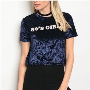 Navy "80's Girls" Crop Crushed Velvet Top!